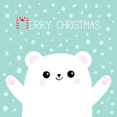 Merry Christmas Candy cane. Polar white bear cub. Reaching for a hug. Cute cartoon baby character icon. Open hand ready for a hugging Arctic animal . Flat design Winter snow flake background.