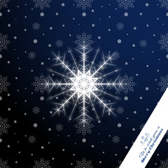 Greeting poster for Merry Christmas holiday with white vector snowflake, shadow, snowfall on the gradient dark blue background.