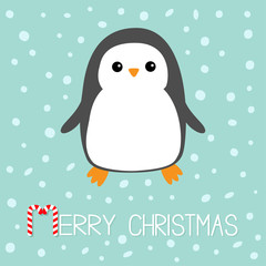 Merry Christmas Candy cane text. Kawaii Penguin bird. Cute cartoon baby character. Flat design Winter antarctica blue background with snow flake. Greeting card.