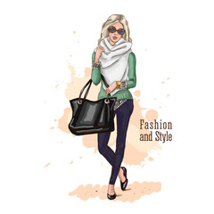 Fashion vector illustration. Hand drawn sketch. Stylish young woman in trendy clothes with a bag oversized. Blond hair. Sunglasses.