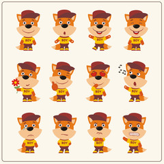 Set of fox little boy in cartoon style. Collection of isolated fox in clothes and cap.