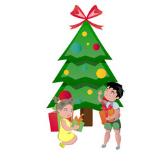 Obraz na płótnie Canvas Happy kids opening Christmas gifts