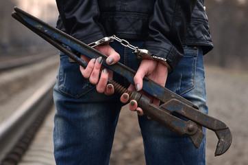 The girl in handcuffs with the pipe wrench on the railway track background. The concept of crime prevention with the participation of the railway and trains.