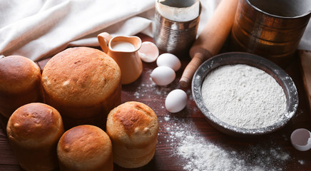 classic Slavic Easter cakes with ingredients in a rustic style