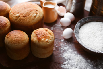 classic Slavic Easter cakes with ingredients in a rustic style