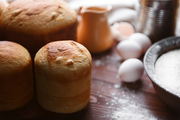 classic Slavic Easter cakes with ingredients in a rustic style