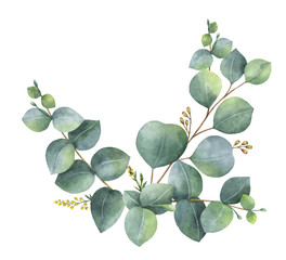 Watercolor vector wreath with green eucalyptus leaves and branches.