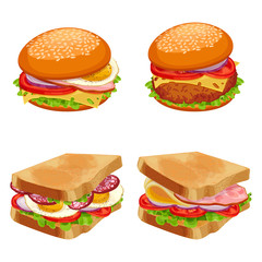 Set of burgers hamburgers and cheeseburgers with buns and bread