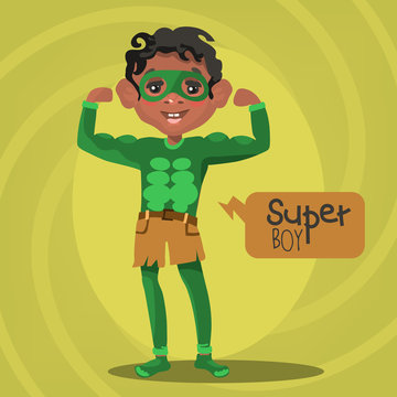Cute, cartoon, adorable african american (black) superhero boy. Super boy character in a bright green costume with large muscles and brown shorts
