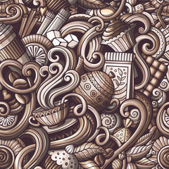 Cartoon hand-drawn doodles of cafe, coffee shop seamless pattern