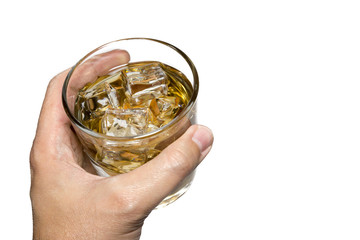 Hand Holding Glass Of Whisky, Isolated On White Background