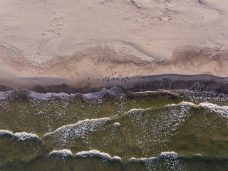 Aerial view over a Baltic Sea shore line in Pape, Latvia. During summer season.