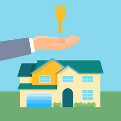 Property purchase promotional poster with cozy house and gold key