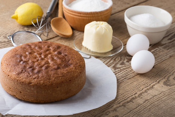 Homemade sponge cake and ingredients