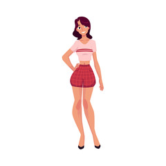 vector flat cute girl, woman in summer casual clothing - red shorts and shirt . Fashionable trendy style female full lenght portrait. Isolated illustration on a white background.