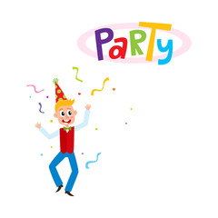 vector flat funny young caucasian man in party hat, red waistcoat and bowtie dancing with confetti around. Isolated illustration on a white background.