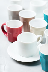 Different empty tea and coffee mugs and cups for breakfast