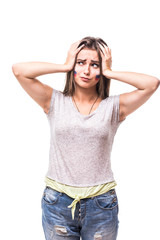 Russia lose. Unhappy and Failure of goal or lose game emotions of Russian woman football fan in game supporting of Russia national team on white background. Football fans concept.