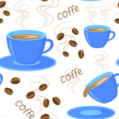 Seamless pattern with blue cup of hot coffee, steam, aroma and coffee beans, text of coffee