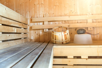 Fototapeta na wymiar Sauna interior and sauna accessories