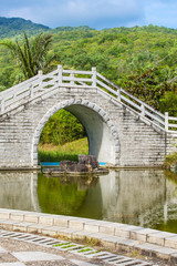 Fototapeta na wymiar The bridge across the pond in Chinese Garden.