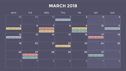 Calendar infographic, table chart, presentation chart. Business period concept. Task manager. Day, week, month. 2018 year. Time management. Organizer date diary.