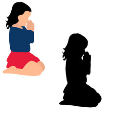 silhouette little girl prays, isolated