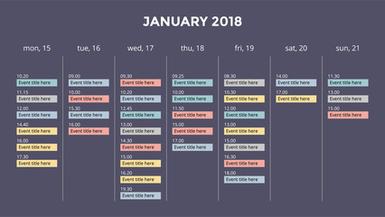 Calendar infographic, table chart, presentation chart. Business period concept. Task manager. Day, week, month. 2018 year. Time management. Organizer date diary.