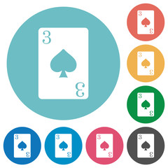 Three of spades card flat round icons