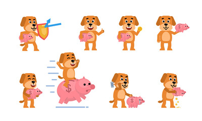 Set of funny yellow dog characters posing with piggy bank in different situations. Cheerful dog saving money, riding big piggy bank and showing other actions. Flat style vector illustration