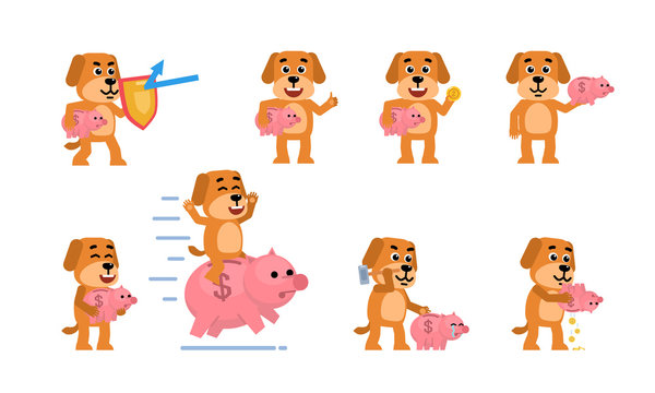 Set of funny yellow dog characters posing with piggy bank in different situations. Cheerful dog saving money, riding big piggy bank and showing other actions. Flat style vector illustration