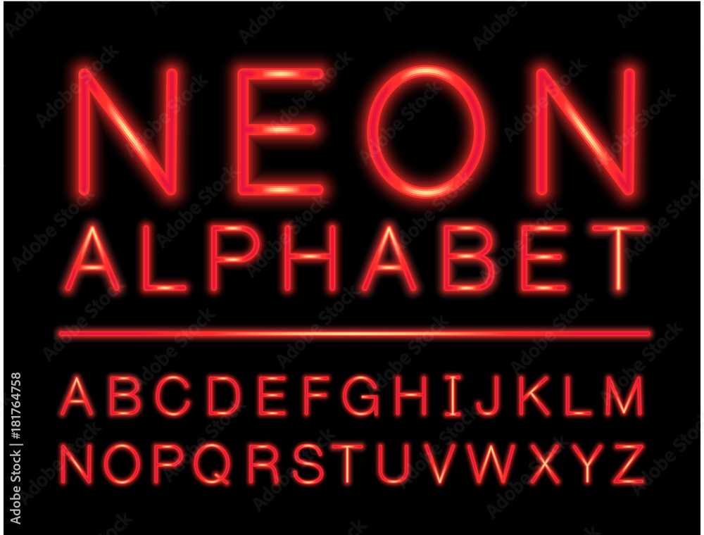 Fototapete red neon alphabet with complete letters set with led effect