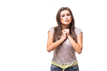 Pray for Germany. Germany woman football fan pray for game of Germany national team on white background. Football fans concept.