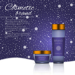 Vector 3D cosmetic illustration on a winter snowing background. Beauty realistic cosmetic product design template.