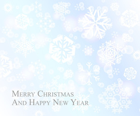 Tender Christmas postcard with white snowflakes on baby blue background