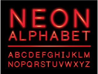 Red neon alphabet with complete letters set with LED effect