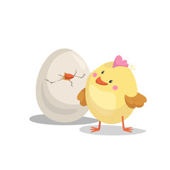 Cartoon cute boy chick looking on hatching egg. Easter and newborn symbol. Vector illustration.