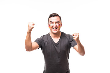 Fototapeta premium Germany win. Victory, happy and goal scream emotions of Germany football fan in game support of Germany national team on white background. Football fans concept.
