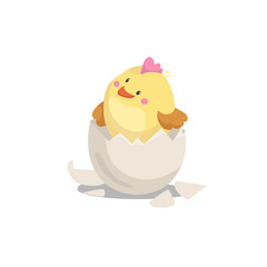 Cartoon cute boy chick  hatching egg. Easter and newborn symbol. Vector illustration.