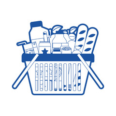 shopping basket with foods sausage and bread apples and drinks orange juice and water bottle and lactea in blue silhouette
