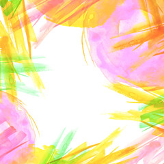     Watercolor art abstract background, texture. Splash, blot, greasy yellow, pink, green paint. A bright, beautiful pattern for your design with a place for writing or drawing. 