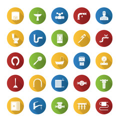 Fototapeta premium Plumbing flat design long shadow glyph icons set