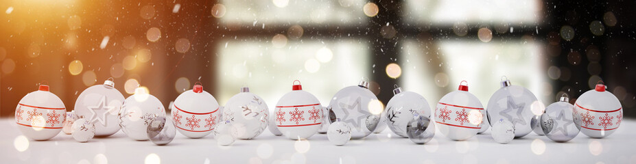 White and red christmas baubles lined up 3D rendering