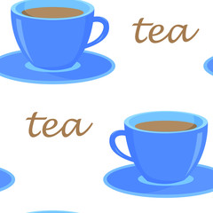 Seamless pattern with a blue cup of tea, the word tea