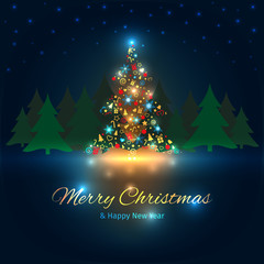 Christmas tree with lights, Christmas and New Year greeting card, well organized layers
