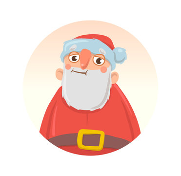 Christmas card with funny boozy Santa Claus. Santa Claus got wasted. Isolated on white background. Round design element. Cartoon character vector illustration.