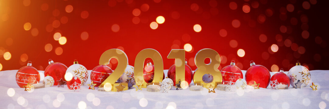 2018 new year eve with christmas baubles and candles 3D rendering