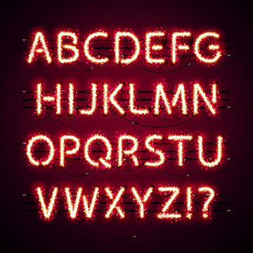 Glowing Neon Red Alphabet with Glitter on Dark