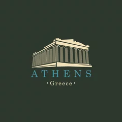 Fotobehang Vector travel banner or logo. Parthenon from Athens, Acropolis, Greece. Greek ancient national landmark in retro style © paseven