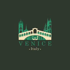 Naklejka premium Ilustracja wektorowa podróży, baner lub ikona. Logo mostu Rialto. Ponte di Rialto i gondola na tle starych budynków Wenecji. Punkt orientacyjny Wenecji. Włoska atrakcja architektoniczna